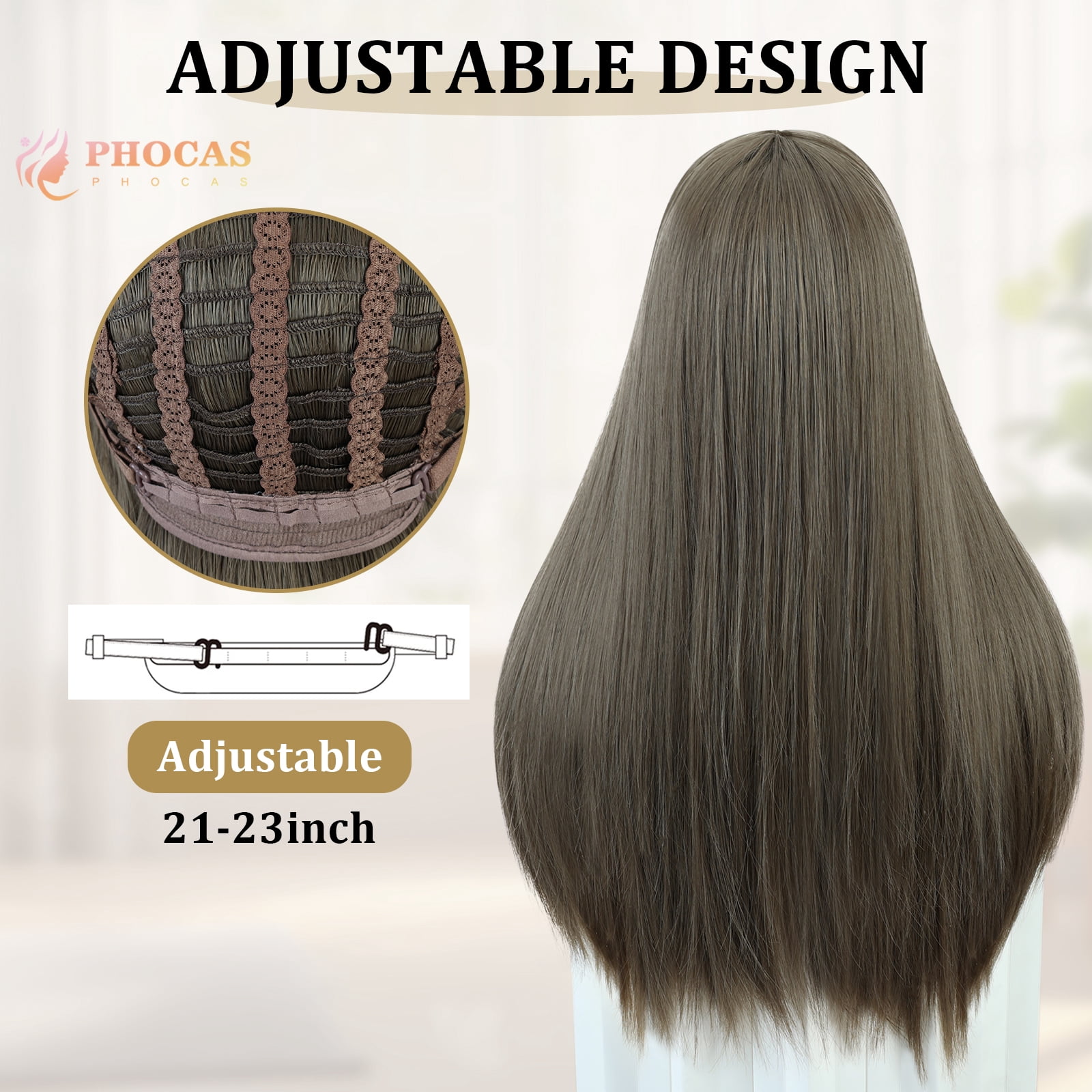 Phocas 23" Long Straight Brown Wig with Bangs Middle Part Layered Cool Light Brown Wig Wear and Go Heat-Resistant Natural Synthetic Wigs for Women Daily Party Use