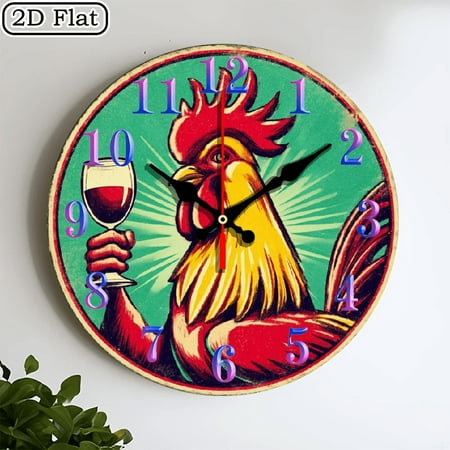 2D flat wooden clock, rooster clock, silent clock, living room bedroom, room decoration, office, Christmas, New Year, Valentine's Day decoration 10 * 10 inches, easy to hang
