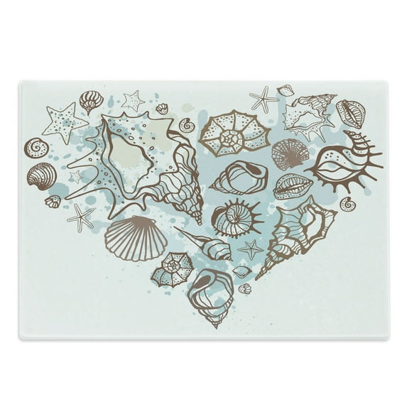 Nautical Cutting Board, Hand Drawn Seashells Scallop Starfish Whelk Ocean Underwater Life Theme, Decorative Tempered Glass Cutting and Serving Board, Large Size, Brown Warm Taupe Teal, by Ambesonne