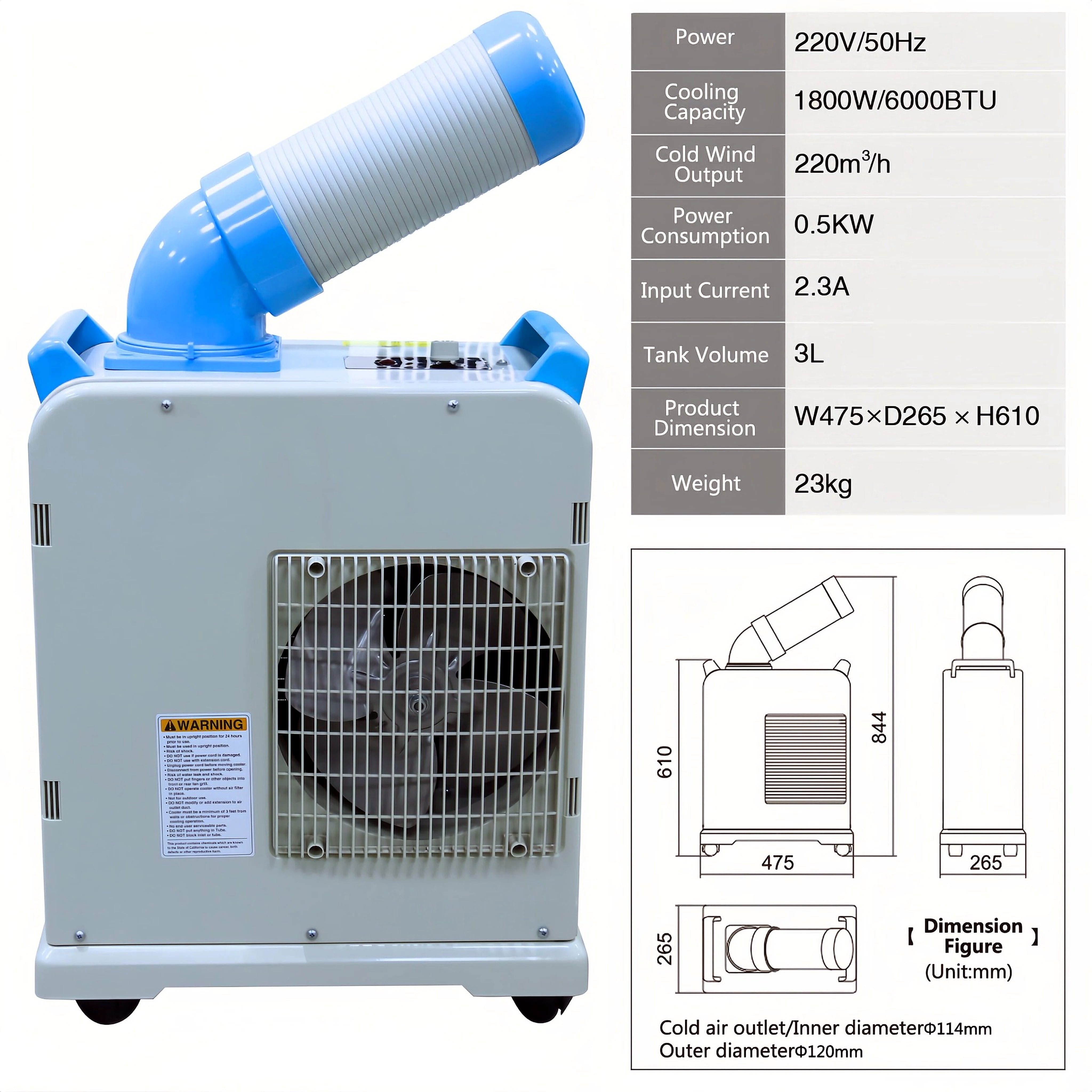 6000Btu Industrial Spot Air Conditioner, R32 Portable Air Conditioner, Mobile Spot Cooler for Garage Workshop Warehouse,Outdoor Use
