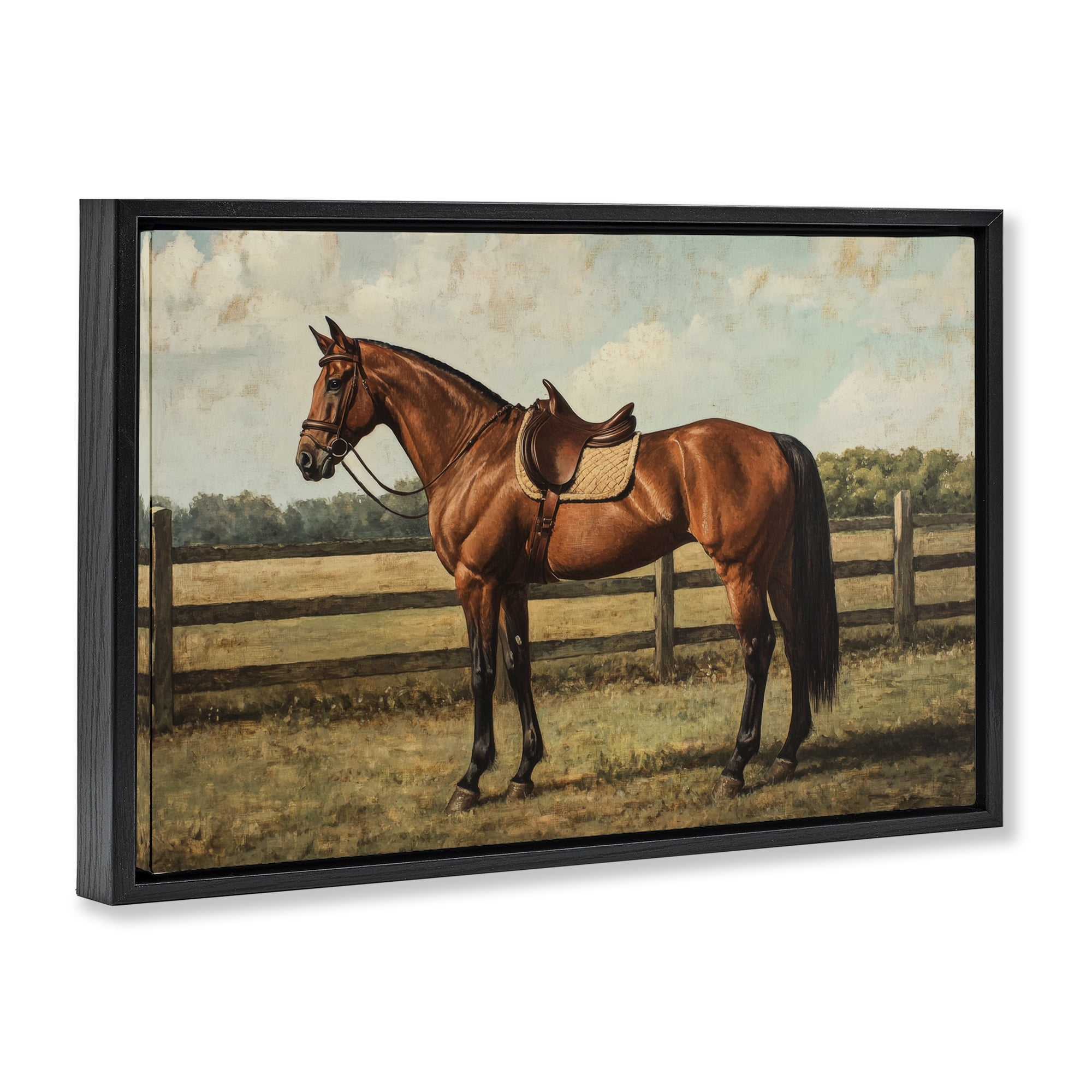 Stupell Industries Chocolate Stag Saddled in Pasture Black Framed Floater Canvas Wall Art, design by Petal Prints Design