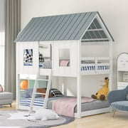 JINS&VICO Twin Over Twin Wooden House Bed, Bunk Bed with Playhouse, Farmhouse, Ladder and Guardrails (White Grey)