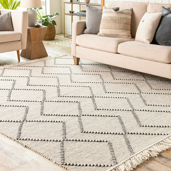Hauteloom Siguinon Wool Living Room, Bedroom Area Rug - Bohemian, Transitional - Black, Cream - 6' x 9'