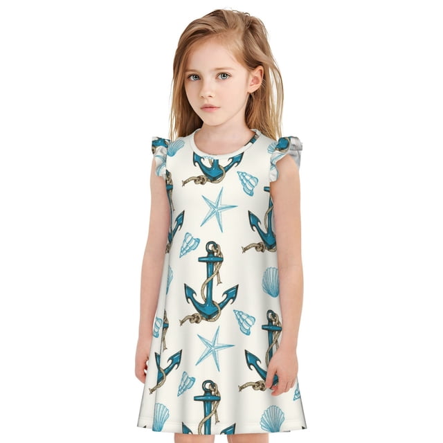 Balery Anchors And Shells Camisón de princesa para niñas, pijama de algodón con mangas abullonadas, suave y bonito.-Small