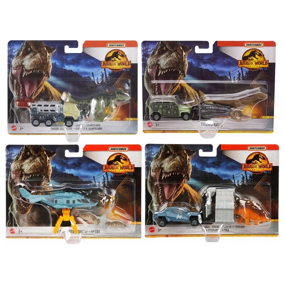 Jurassic World Matchbox Dinosaur Vehicle Playset Bundle, Die-Cast Cars and Helicopters Collection, Kids Toys, Ages 3 , 4 Pack FMY31-956G