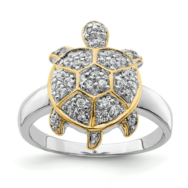 925 Sterling Silver Cubic Zirconia Cz Gold Sea Turtle Ring Animal