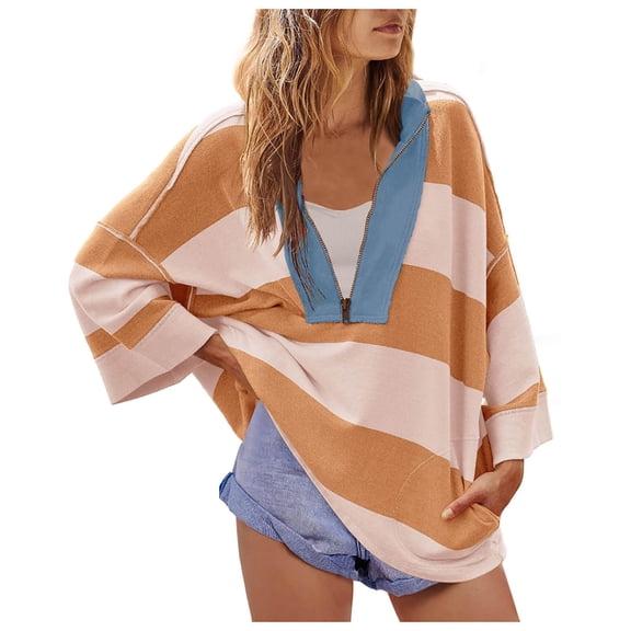 Womens Oversized Striped Shirt Half Zip Long Sleeve Sweatshirt V Neck Color Block Tops 2026 Spring Casual Tees Dressy Lightweight Comfy Outfits Going Out Tops Ladies Fashion Trendy