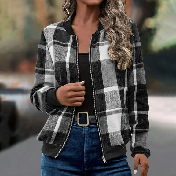 Guieoi Fall Coats Plus Size Women's Winter Jackets Long Sleeve Round Neck Zipper Lightweight Trendy Plaid Jacket Coats Gray