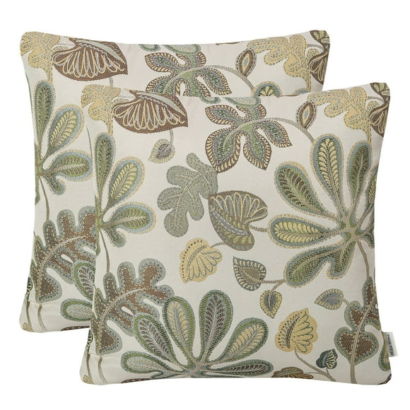 Mika Home Ensemble de 2 Housses de Coussin Motif Feuille Tropicale Jacquard, Taie d'Oreiller Décorative 22X22 Pouces, Vert Crème