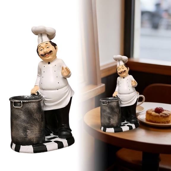 French Decorative Chef Figurine - Resin Home Decoration with Cutlery Bucket for Gourmet Kitchen Decorations & Collectible Housewarming Gifts Home Decor