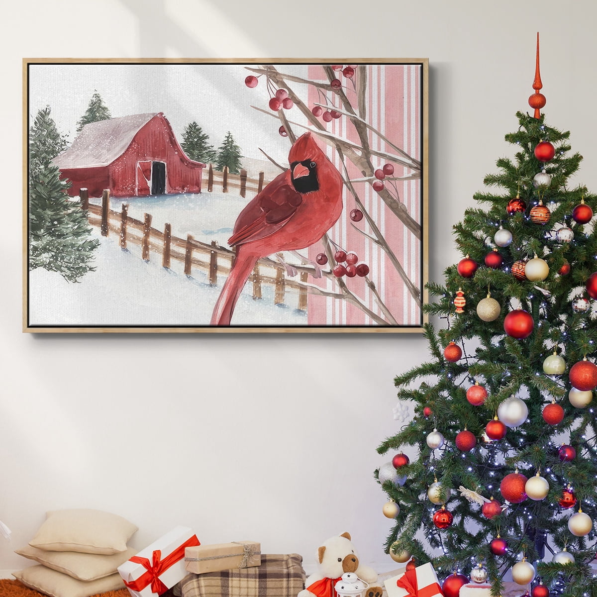 Winter Cardinal Collection A - Framed Gallery Wrapped Holiday Canvas - 25 x 37 - Natural Wood Frame