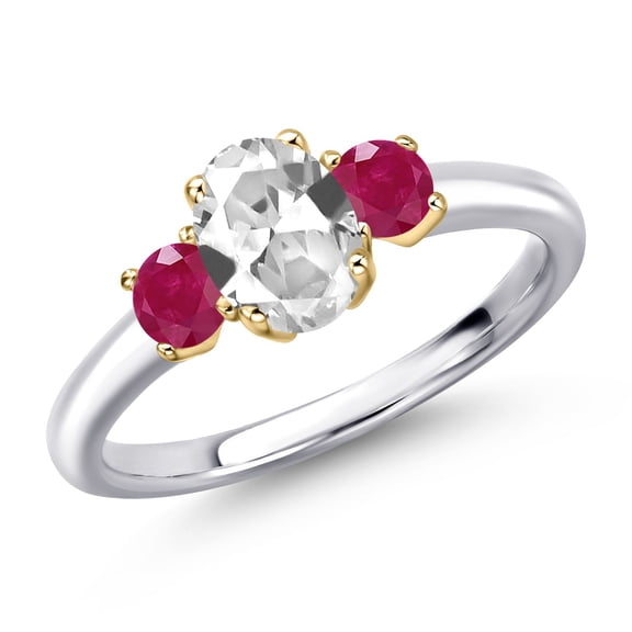 Gem Stone King 925 Silver and 10K Yellow Gold White Created Sapphire and Red Ruby Engagement Ring for Women | 1.50 Cttw | Oval 7X5MM | Gemstone September Birthstone | Size 6