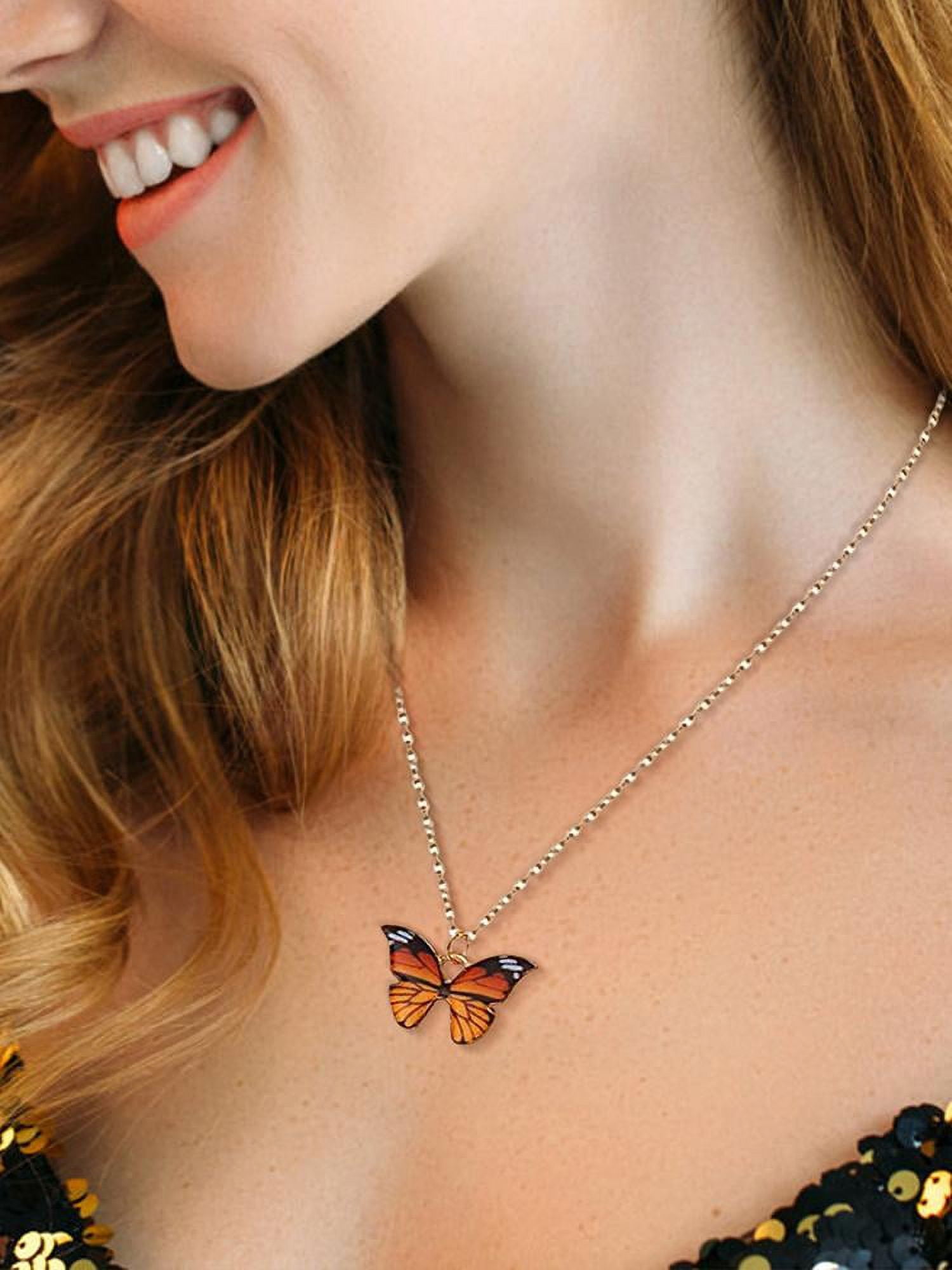 vintage necklace orange butterfly cabochon bronze pendant