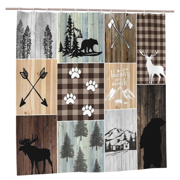 Rustic Cabin Shower Curtain, Woodland Bear Deer Moose Plaid Waterproof Fabric Shower Curtain, 72x72 Inch, Farmhouse Bathroom Decor