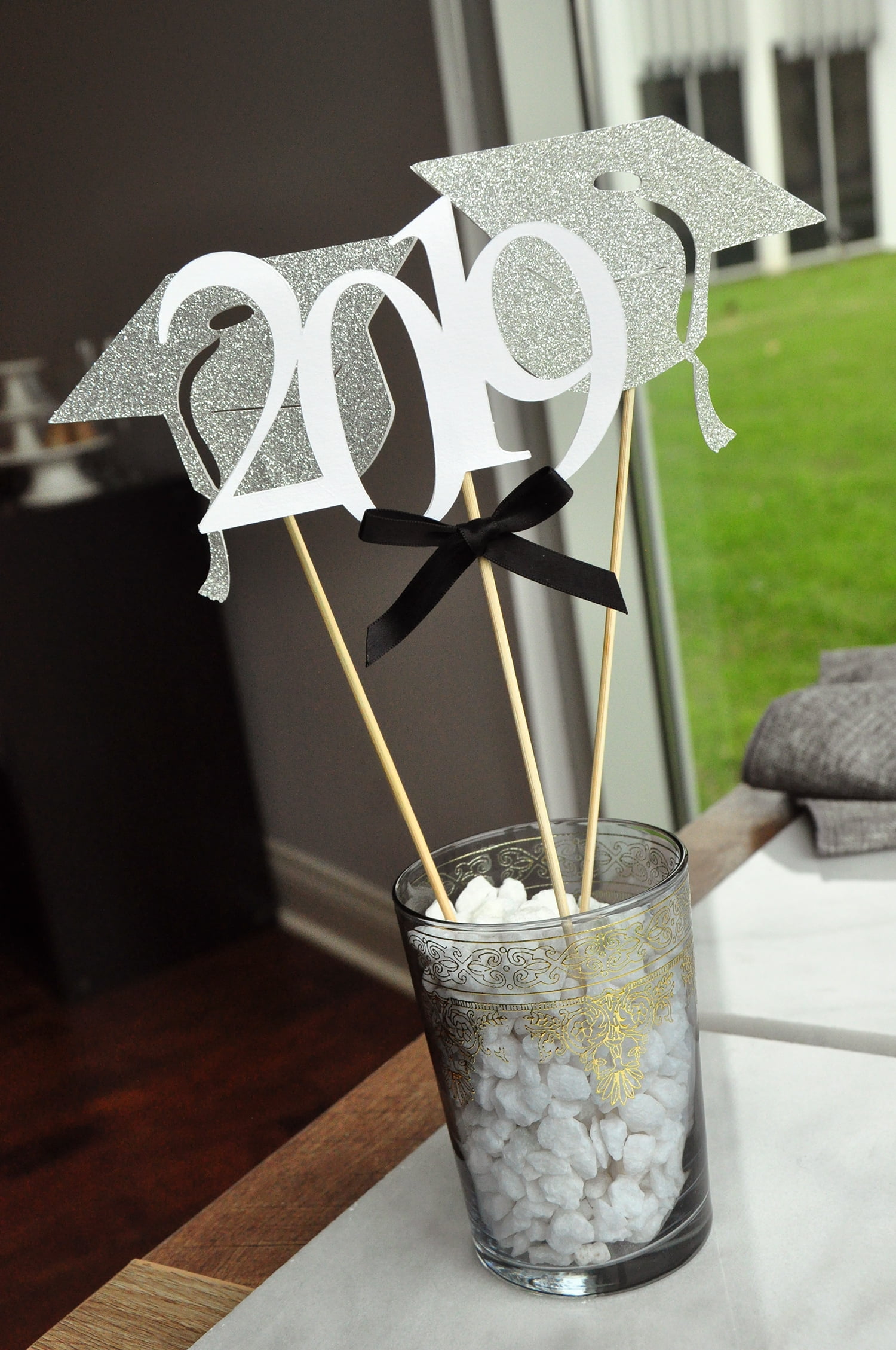 Graduation Party Decoration 2 Single Graduation Cap Sticks And 1 Single 2019 Stick White And Silver Centerpiece For Graduation Party Handmade In