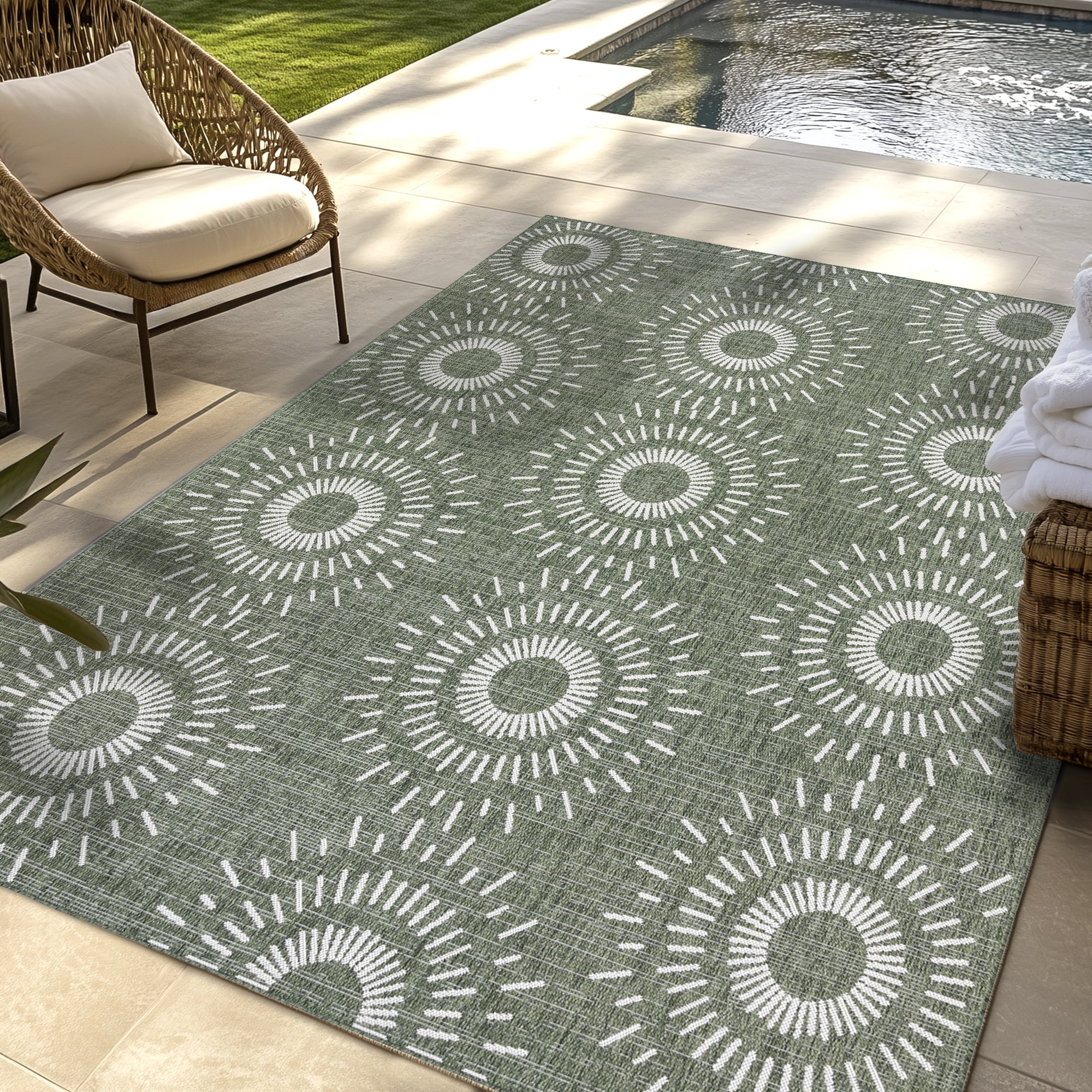 Gertmenian Tropea Tiaret Modern Geometric Green UV Resistant Flatweave Indoor Outdoor Area Rug, 6x9