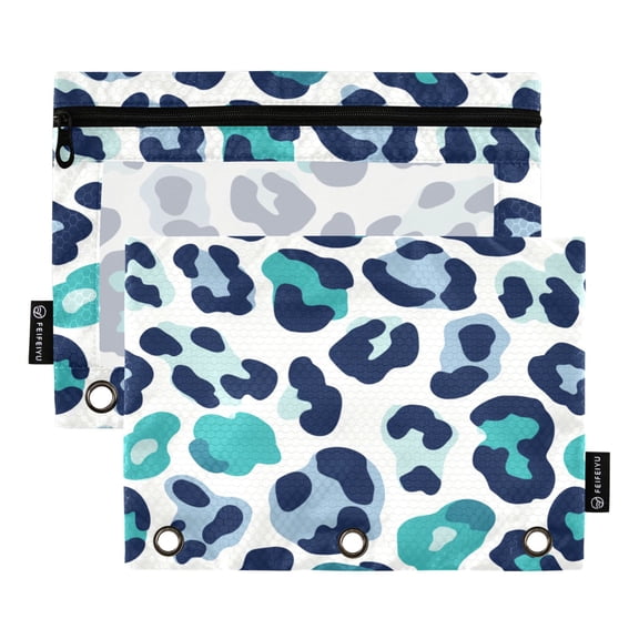 2 Pack 3 Ring Binder Pouch with Clear PVC Window Water Resistant Zipper Pencil Pouch Cool Tone Blue Cheetah Pattern Binder Pocket for Classroom Office Home Stationery Organization