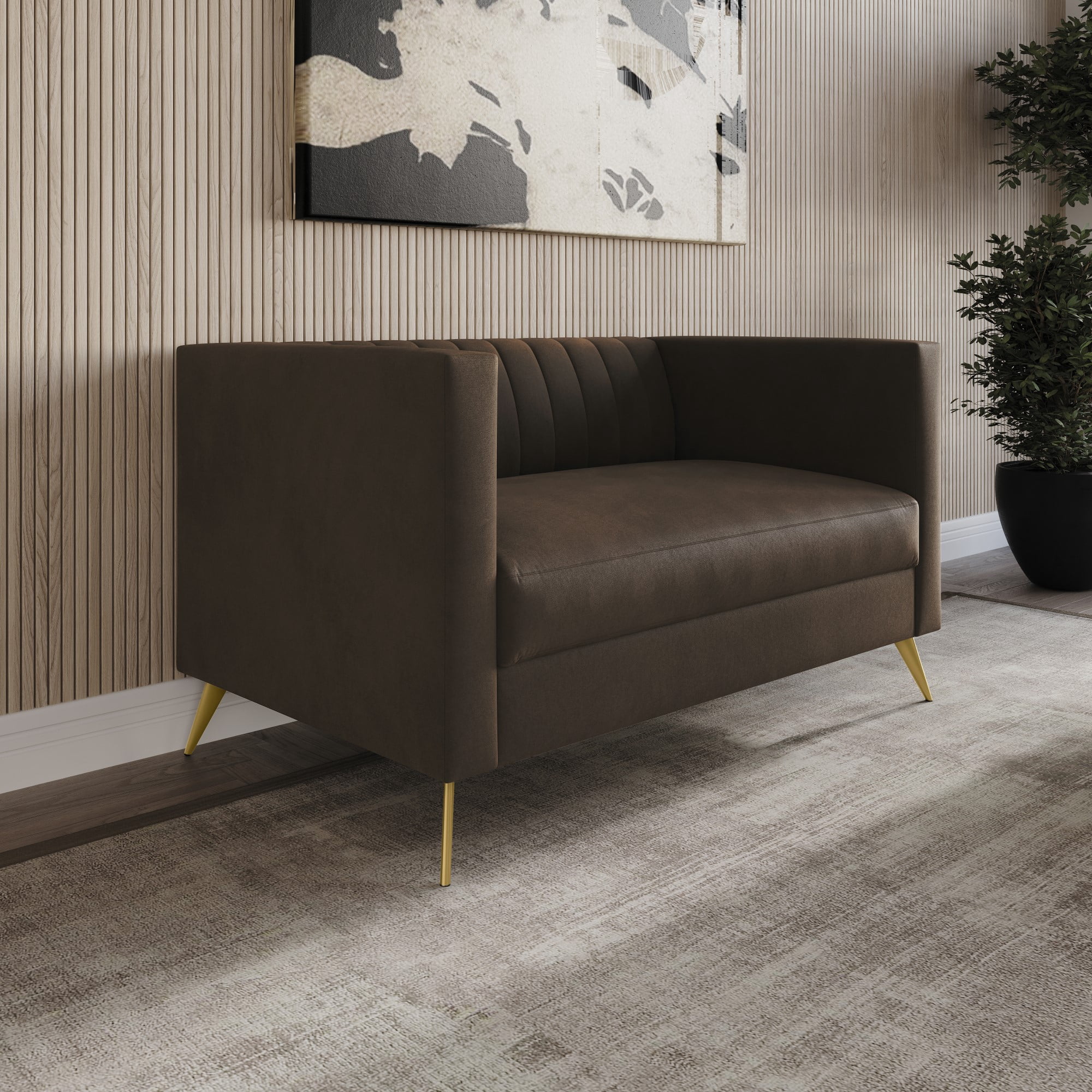 Home Design Weiss Velvet Square Arm Loveseat with Channel-Tufted Back and Gold Metal Legs, Modern Upholstered Living Room Seating, Brown