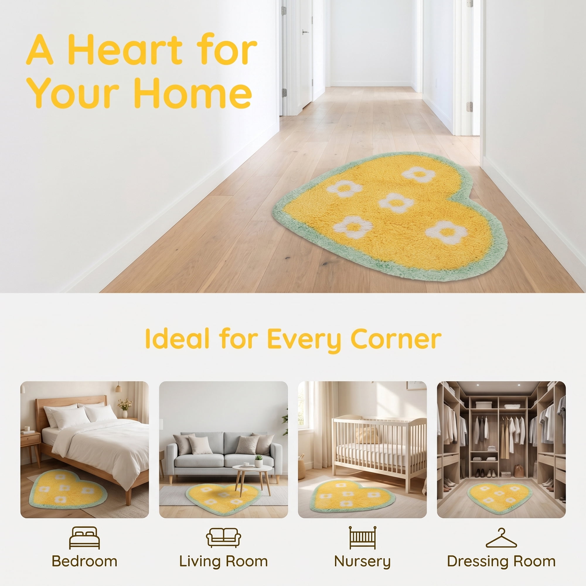 Unique Bargains Small Heart Rug Non-Slip Soft Shaggy Faux Fur Area Rug 19" x 16" Yellow