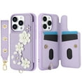 thumbnail image 5 of Allytechgroup Stylish Flower Design Apple iPhone 14 Pro Max Wallet Case, Shockproof Phone Case with Cards Holder, Hand Strap, and Crossbody Shoulder Strap Luxury Case for iPhone 14 Pro Max, Purple, 5 of 9
