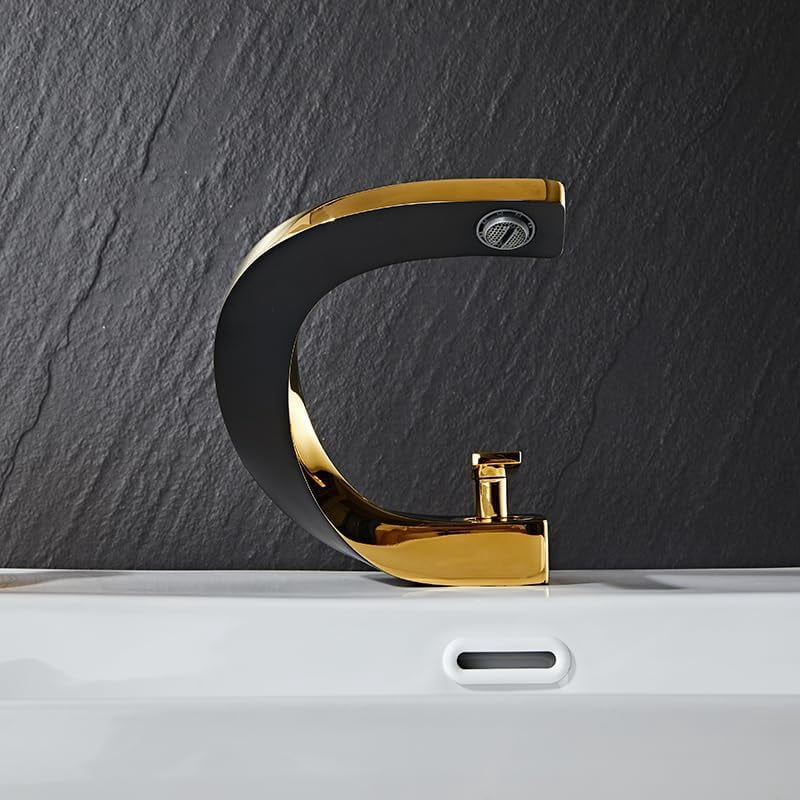 SOKNARKU Modern Bathroom Sink Basin Faucet Brass Single Hole Single Handle Deck Mount Cold And Hot Mixed Creative Design Tap Including Two US Standard 3/8 Hoses Black Gold Style B