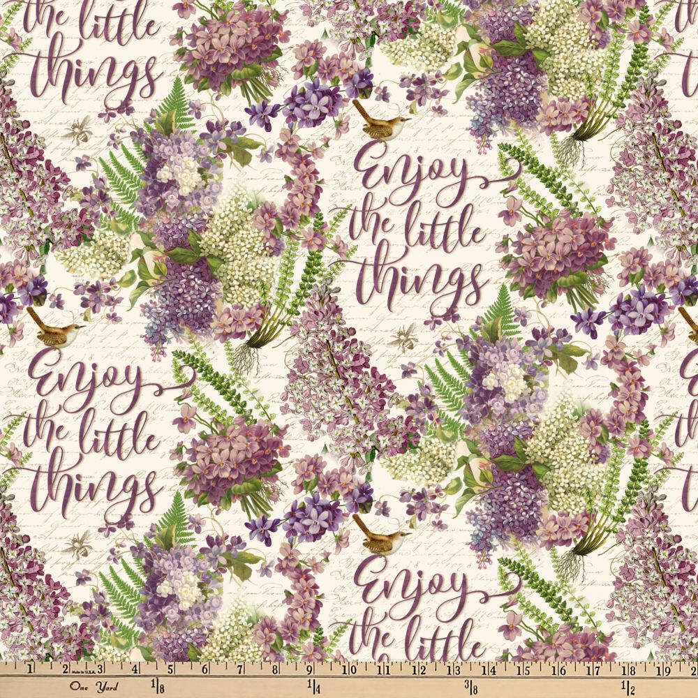 Cotton Enjoy The Little Things Flowers Purple Floral Botanical Bees Cotton Enjoy The Little Things Flowers Purple Floral Botanical Bees