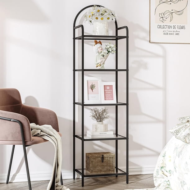 Librería Hzuaneri, estantería de 5 niveles, vidrio templado, acero negro