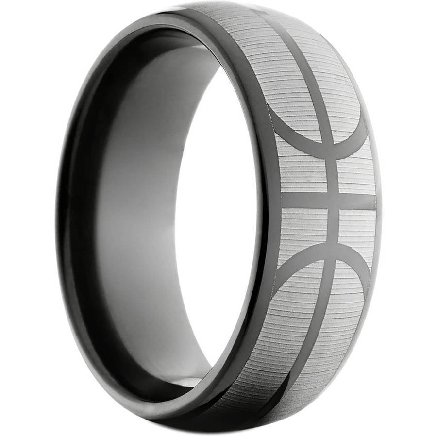 8mm Half-Round Black Zirconium Ring with a Basketball Laser