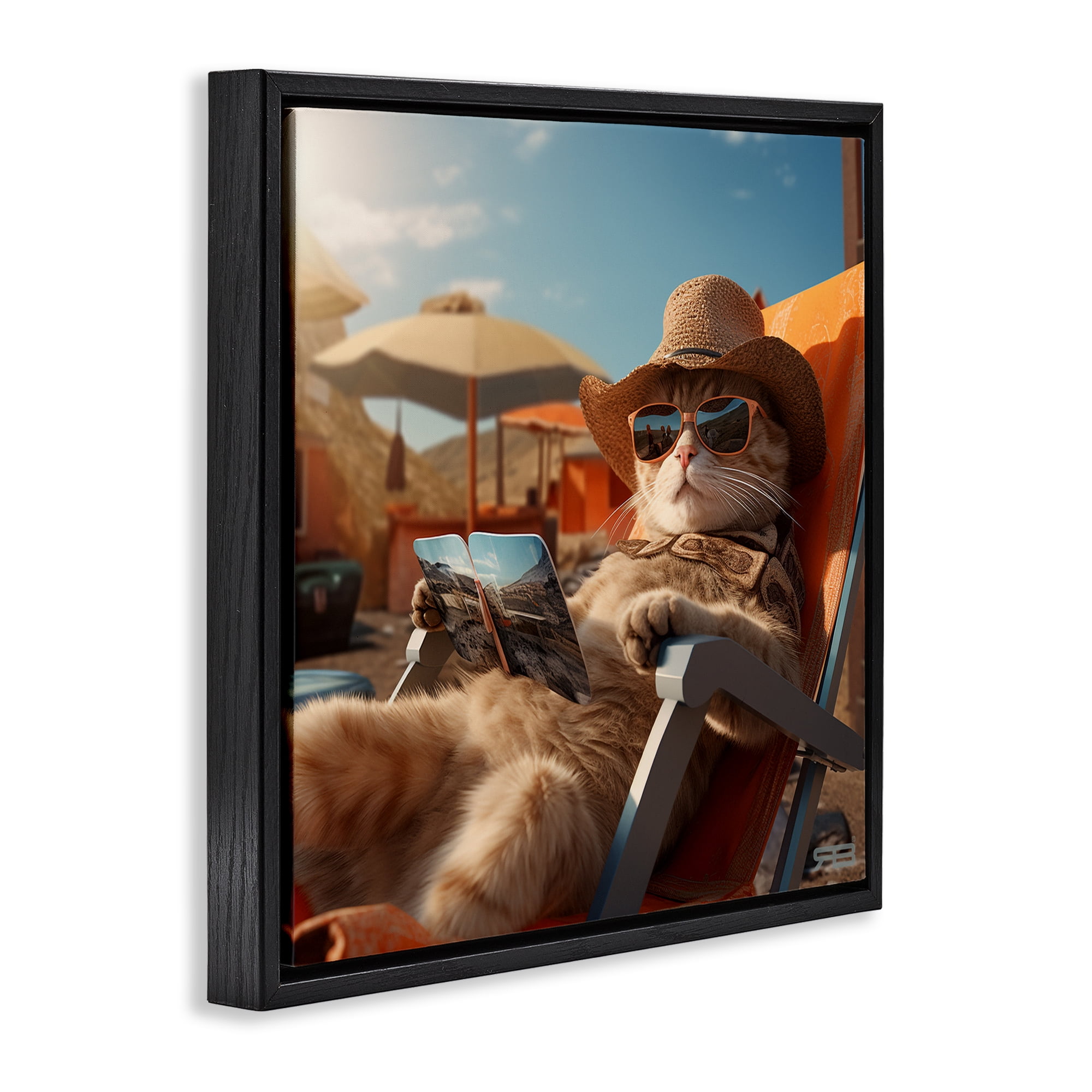 Stupell Industries Relaxing Cat Lounge Chair Animals Painting Black Floater Framed Canvas Art Print Wall Art, 25 x 25