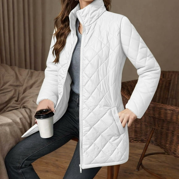 Mceream Jackets for Women Trendy 2025 Long Sleeve Stand Collar Zip Up Quilted Coat Lightweight Solid Winter Warm Jacket with Pockets Plus Size Outwear Abrigo Largo De Invierno Para Mujer White M