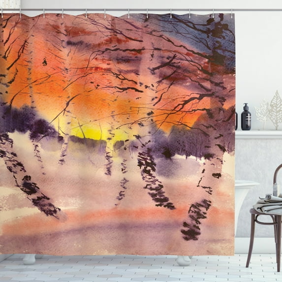Forest Shower Curtain, Sundown Scene in the Birch Jungle Colorful and Abstract Rustic Nature Illustration, Fabric Bathroom Set with Hooks, 69W X 84L Inches Extra Long, Multicolor, by Ambesonne