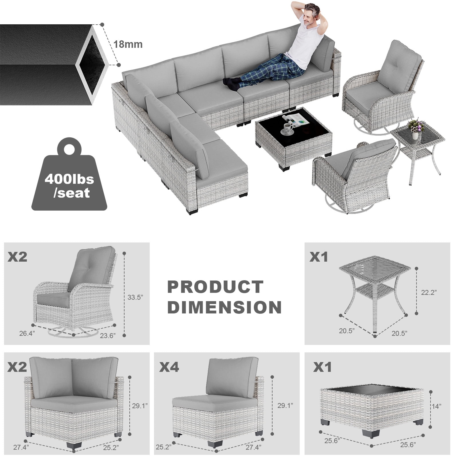 10-Piece Patio Furniture Set, Outdoor Patio Furniture with Swivel Chairs Set, Thick Cushions, Modular Patio Sofa, Dual-Strand Wicker Rattan, Rust-Resistant Frame, Grey