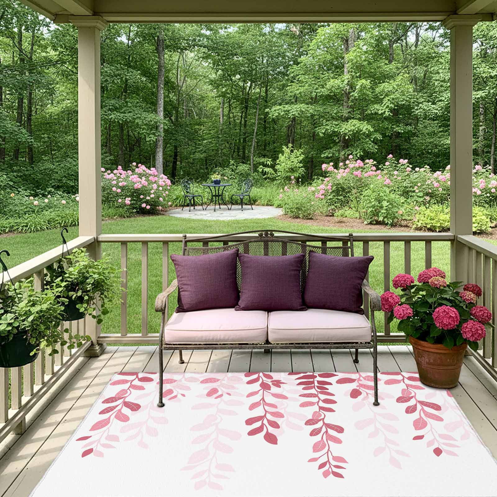 Outdoor Rug 5x8ft Pink Eucalyptus Floral Leaves Large Area Rug Nature Plant Branch Indoor Outdoor Carpet Outdoor Rugs Mats for Patio Camping,RV,Front Door, Outside Decor