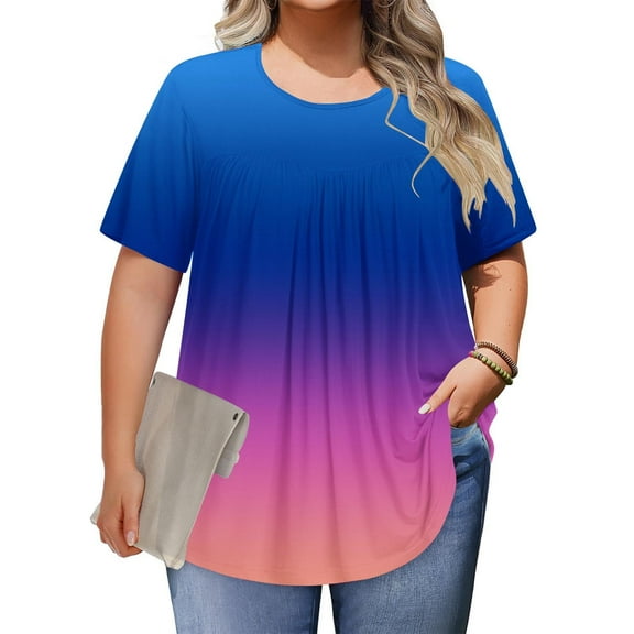 Cagogo Womens Short Sleeve Plus Size Tshirts Shirts Summer Basic Tops Loose Fit Gradient Color Round Neck Tunic Tops for Leggings Night Out Black T Shirts Clothes