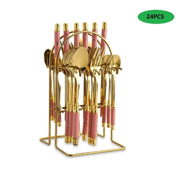24PCS Gilded Stainless Steel Flatware Set Handle with Ceramic Kitchen Utensil Tableware Cutlery Set Service for 6 Steak Cutlery Set for Home and Restaurant