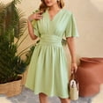 thumbnail image 5 of HJYCHN Elegant Women's Casual V-Neck Flared Sleeves Solid Color Dress with Waist for Everyday Style Green XL, 5 of 8