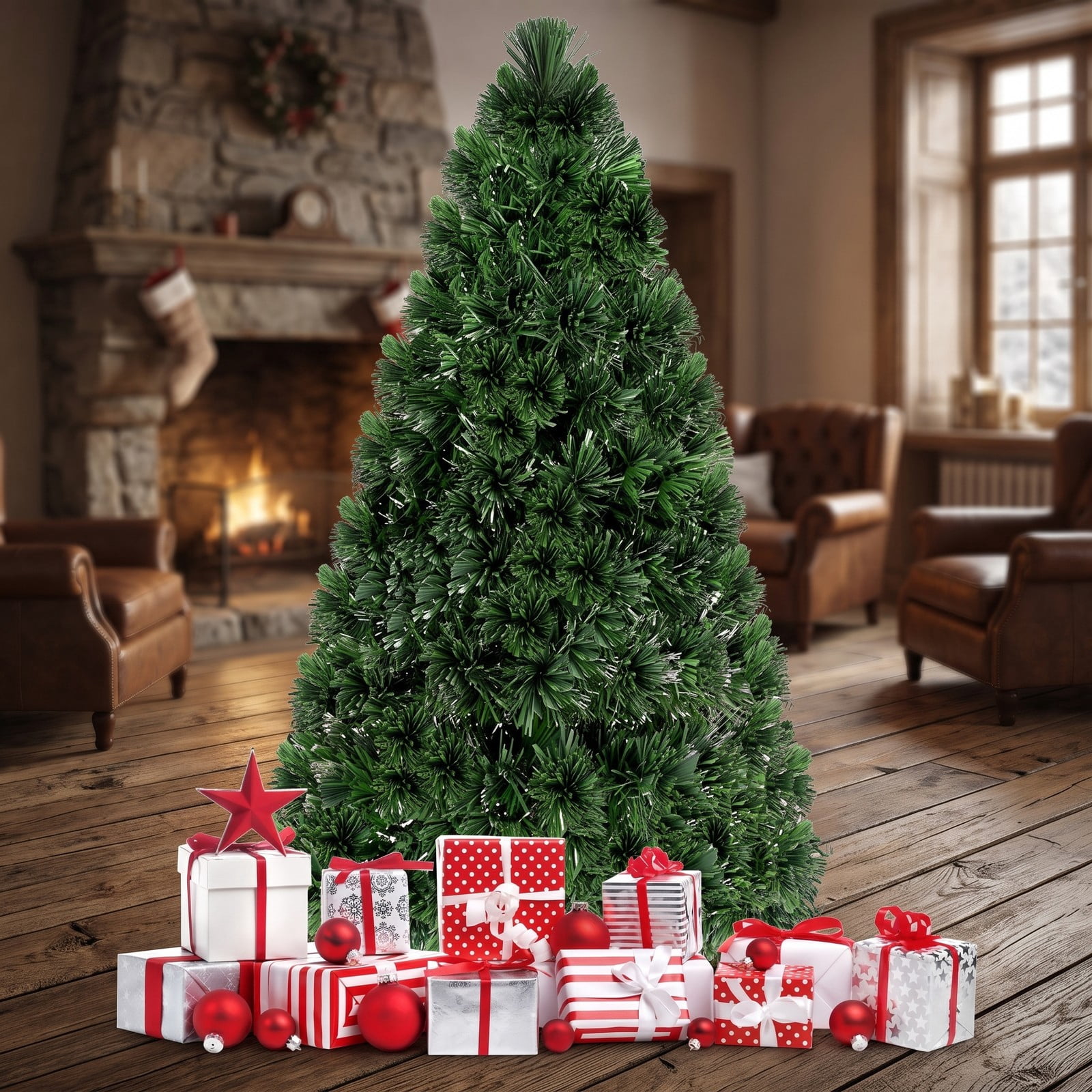 RUIE 6 FT Fiber Optic Artificial Christmas Tree, Pre-Lit PVC Xmas Tree with 220 Tips, 7-Color Changing LED Lights and Plastic Stand for Indoor Holiday Decoration, Green
