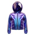 thumbnail image 3 of Aiihoo Kids Girls Hip Hop Hooded Jacket Sparkly Metallic Zipper Short Jacket Coat Outerwear Club Rave Wear Blue 10, 3 of 6