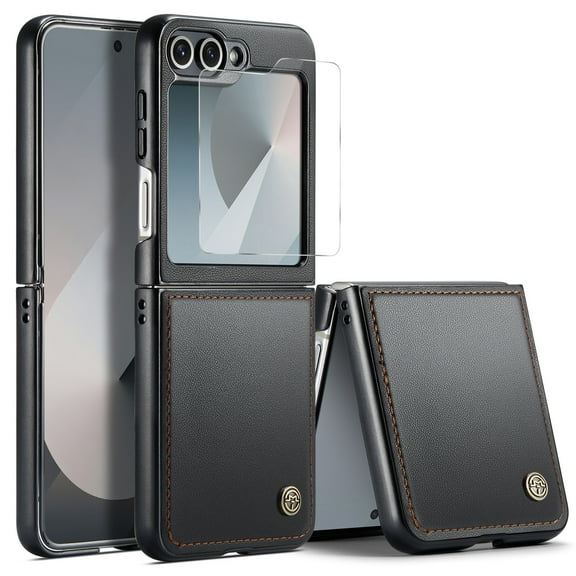 Dteck Case with Front Screen Protector for Samsung Galaxy Z Flip7 FE, Galaxy Z Flip 6 Premium PU Leather Case Slim Shockproof Protective Cover for Samsung Galaxy Z Flip7 FE/Z Flip 6,Black