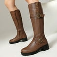 thumbnail image 3 of Rokment Platform Knee High Motorcycle Riding Boots for Women Vintage Fashion Studded Buckles Leather Chunky Mid Heel Wide Calf Long Tall Dress Combat Boots Brown Size 9, 3 of 6