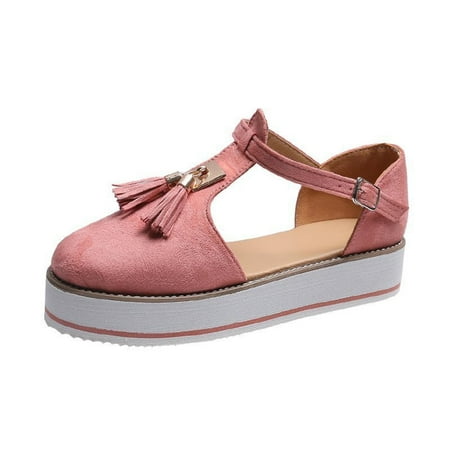 

Summer Savings Clearance! PEZHADA Sandals Women Sandals for Women Dressy Summer Casual Thick Bottom Flat mps Tassel Round Toe Sandals Buckle Strap Beach Shoes Pink 43