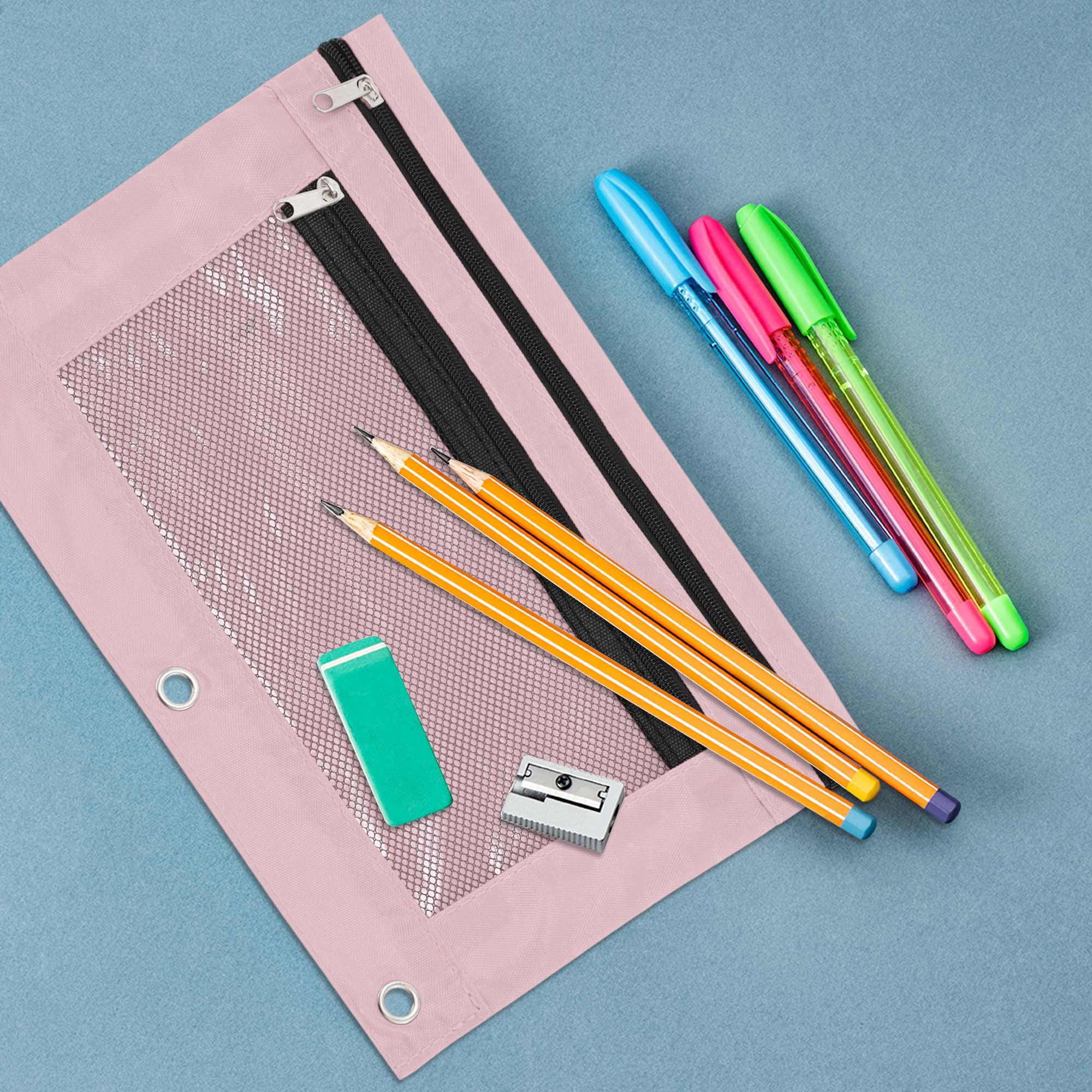 Unique Bargains Smooth Zipper Clear Mesh Double Layer Pencil Case for 3 Ring Binder Pink
