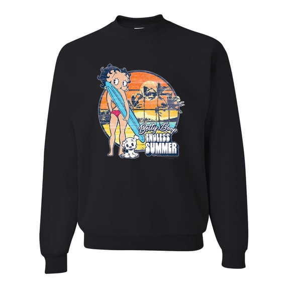 Wild Bobby, Betty Boop Endless Summer Beach the Dog Betty Boop Unisex Crewneck Sweatshirt, Black, Small