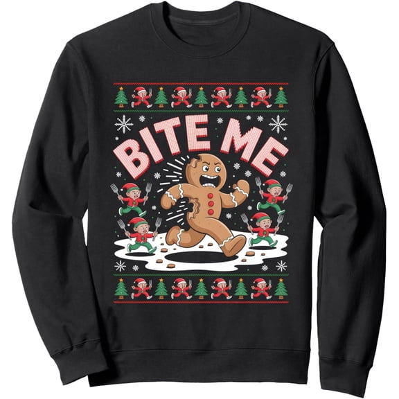 Funny Bite Me Gingerbread Man Ugly Christmas Sweater Xmas Sweatshirt