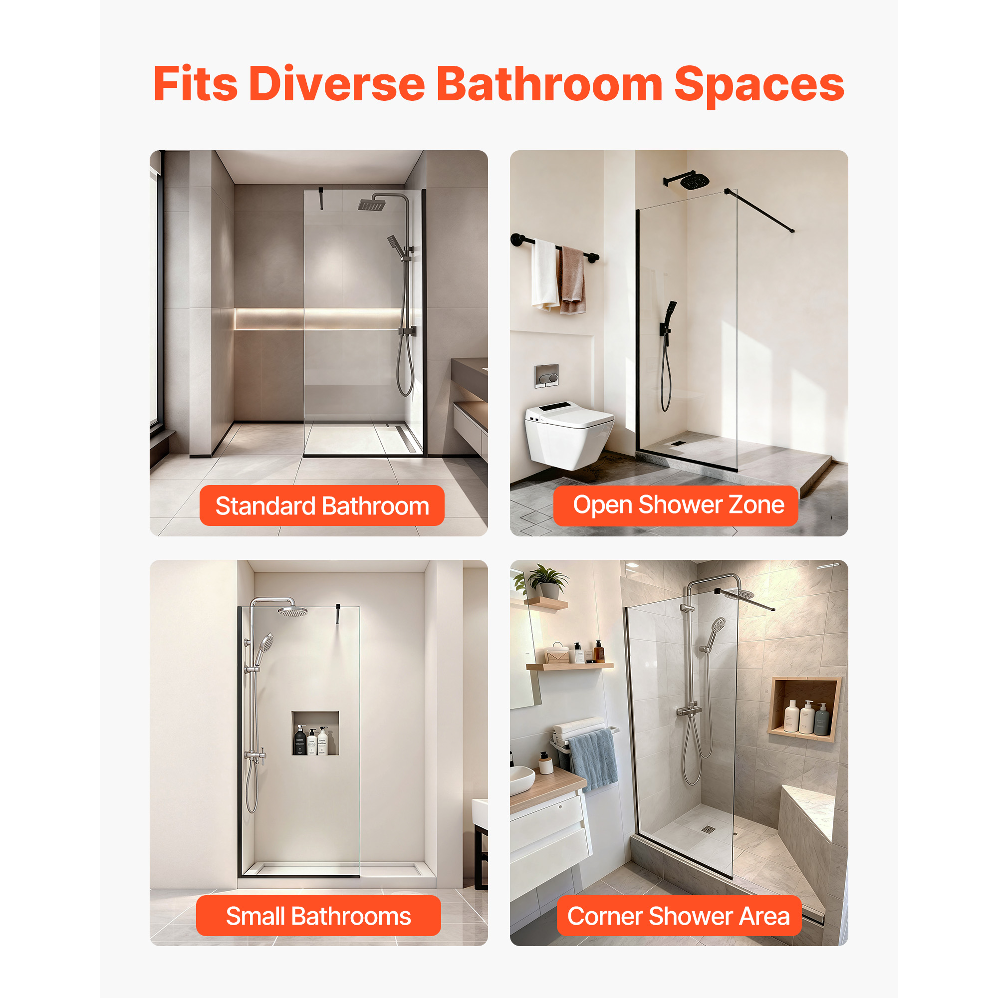 KFFKFF Fixed Glass Shower Panel, 34 x 73.6 in Semi-Framed Shower Screen, 5/16 in Thick Clear Tempered Glass with Bottom Seal Strip and Hardware, Easy to Maintain, for Bathroom, Matte Black