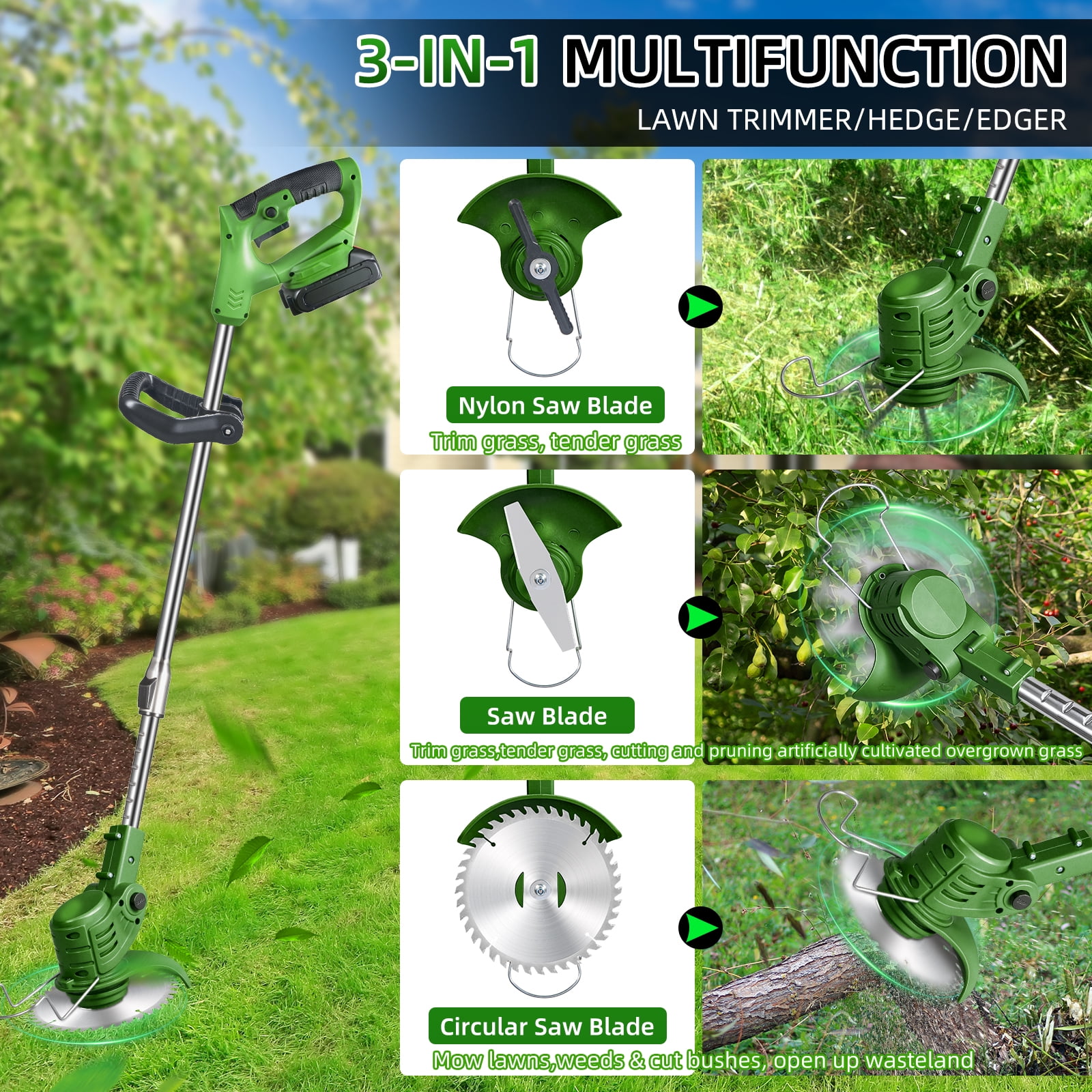 KingFurt  3-in-1 Wheel Edger Mini-Mower, Battery Powered Weed Wacker,Cordless lawn mower for yards