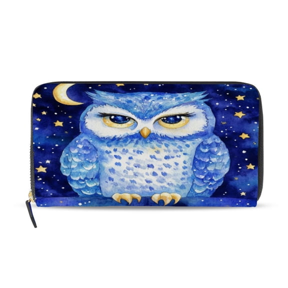 Qxltty Blue Starry Owl Women's Leather Wallet Fashion Retro Multi Card Holder with Cell Phone Pocket Mothers Day Gifts