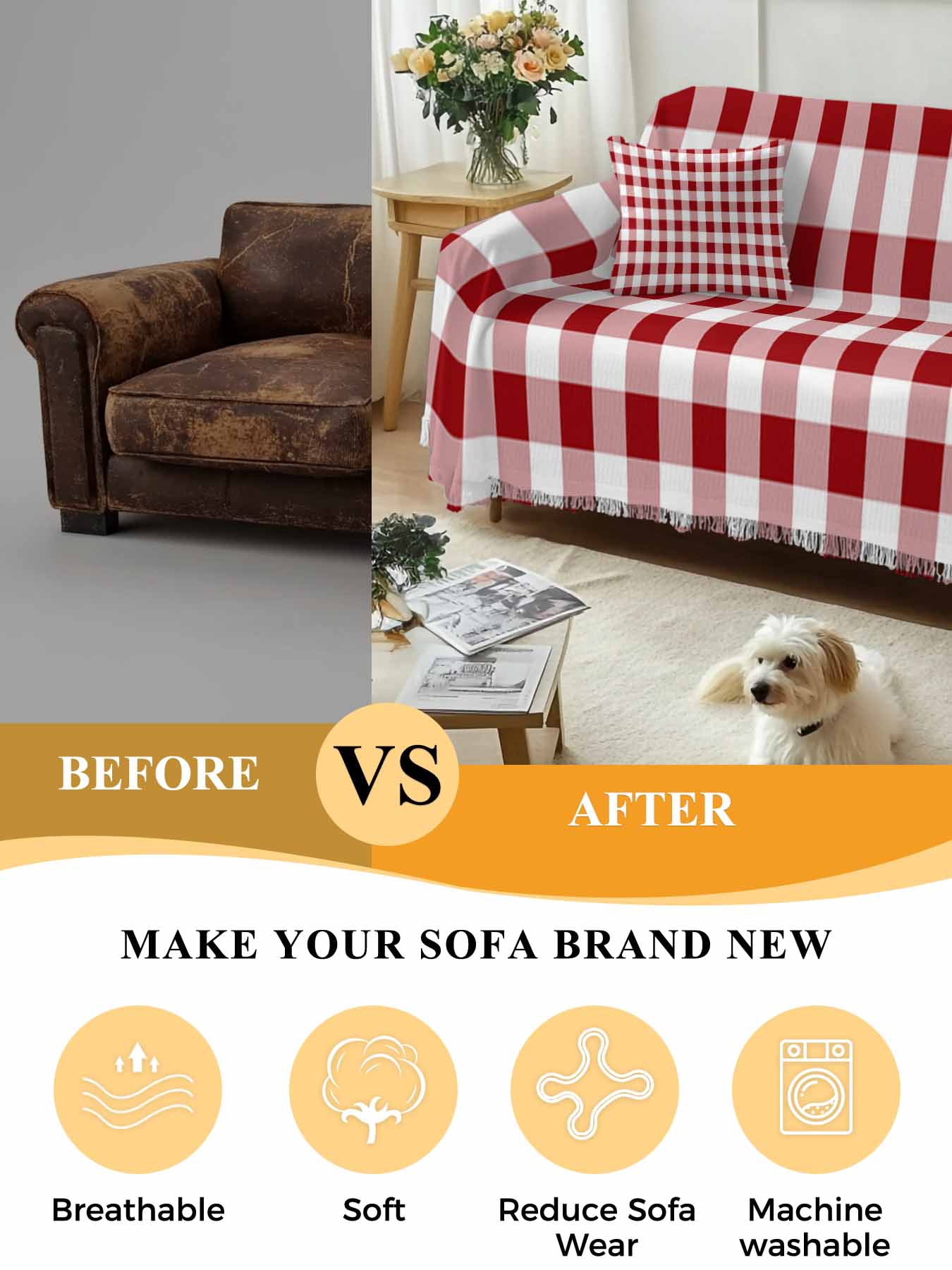 Farmhouse Buffalo Plaid Sofa Covers for 2-3 Cushion Couch L-Shaped Sectional, Red White Checkered Washable Sofa Covers Slipcover for Living Room Furniture, Couch Cover Blanket 71"x134"