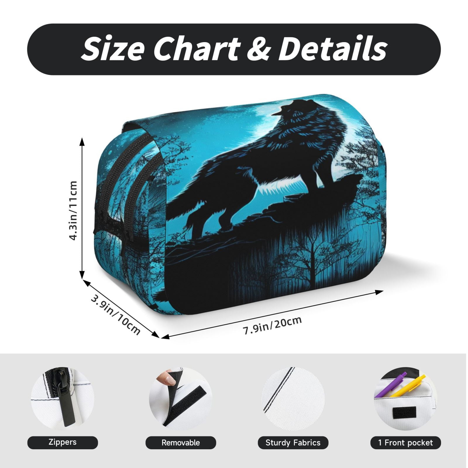Rateoe Blue Full Moon Wolf Pattern Double Clamshell Pen Case, Storage Organizer with Two Zipper Compartments– Holds Up to 50 Pencils & Pens
