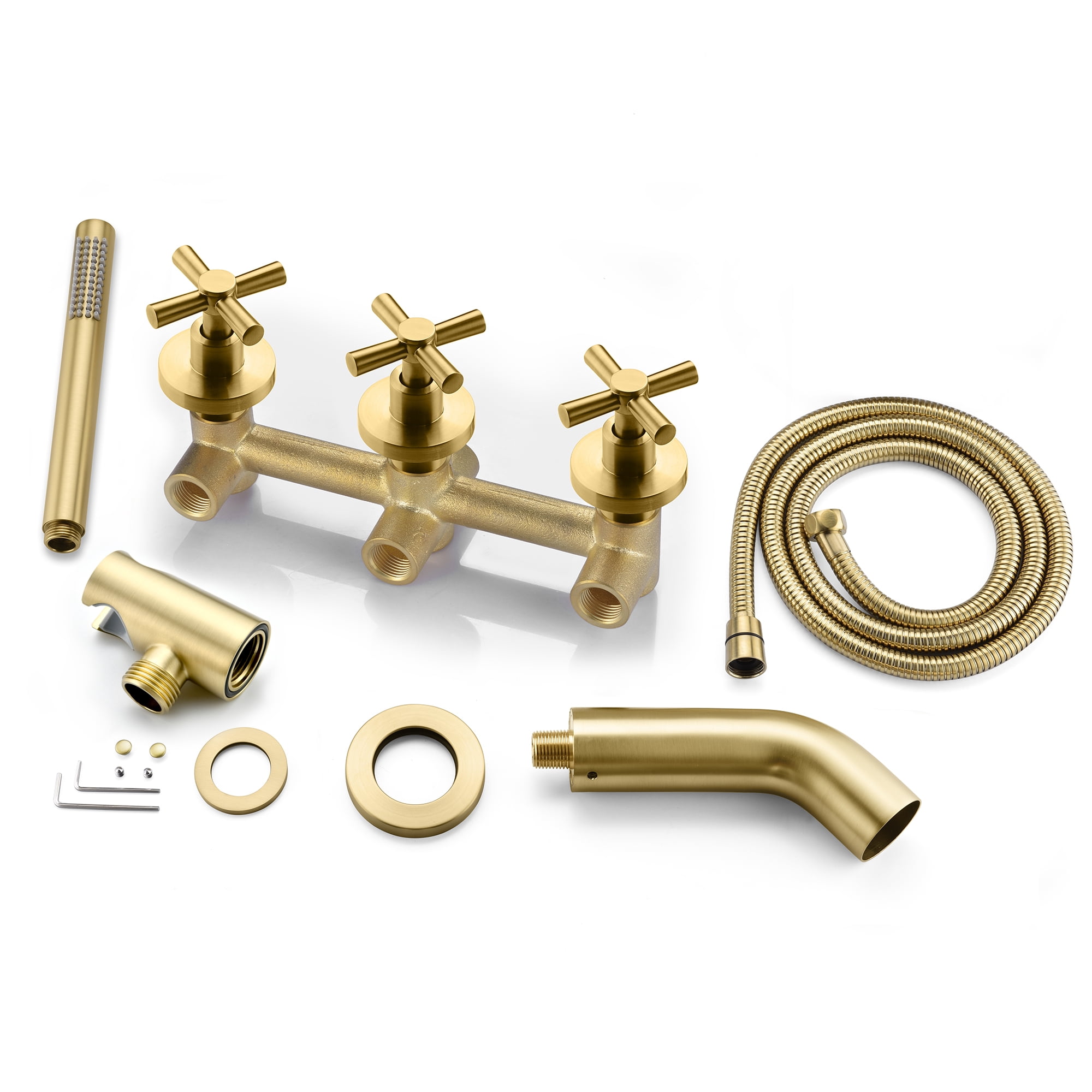 Brushed Gold Waterfall Wall Mount Tub Faucet with Hand Shower and Rough in Valve
